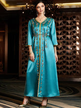 Pure Handwork Rhinestone Beading Turkish Abayas Chic Full Sleeve V-Neck Belted Clothing Evening Dresses Woman Elegant Lake Blue Dress